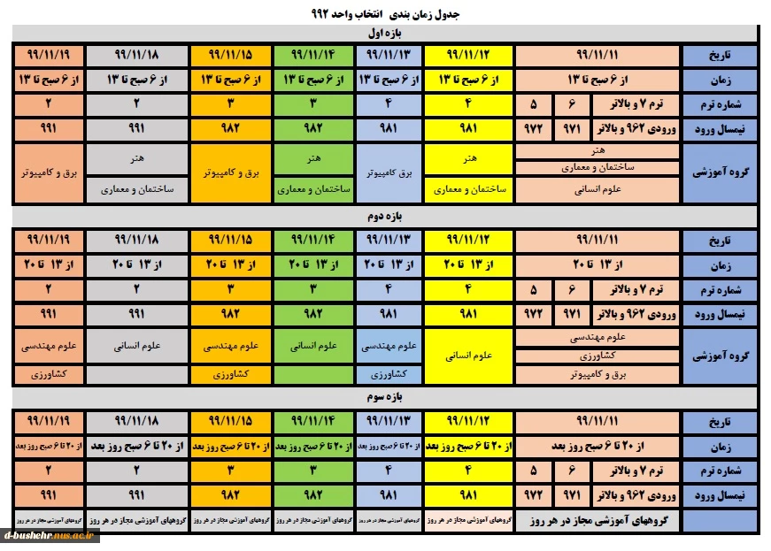 جدول زمانبندی انتخاب واحد نیمسال دوم سال تحصیلی ۴۰۰-۱۳۹۹ 3