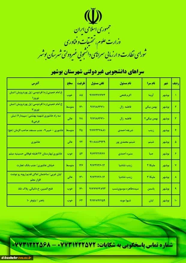 اطلاعیه پیش ثبت نام خوابگاه دانشجویی ویژه دانشجویان جدیدالورود آموزشکده دختران بوشهر 2