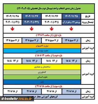 جدول زمانبندی انتخاب واحد نیمسال دوم سال تحصیلی 405-1404 (۰۴۲)
