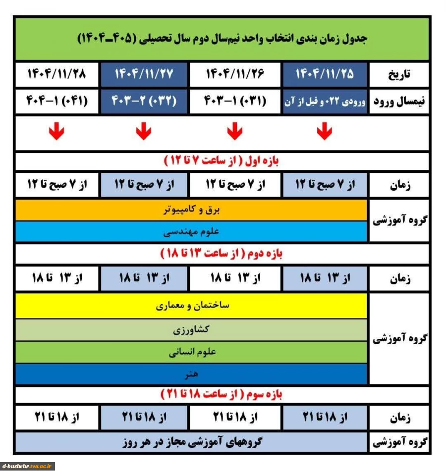 جدول زمانبندی انتخاب واحد نیمسال دوم سال تحصیلی 405-1404 (۰۴۲) 2