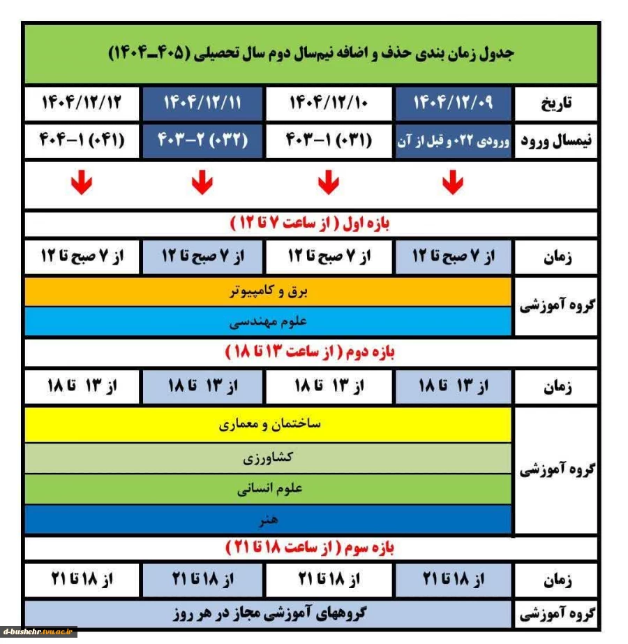 جدول زمان بندی حذف و اضافه نیمسال دوم سال تحصیلی ۴۰۵-۱۴۰۴ (۰۴۲) 2