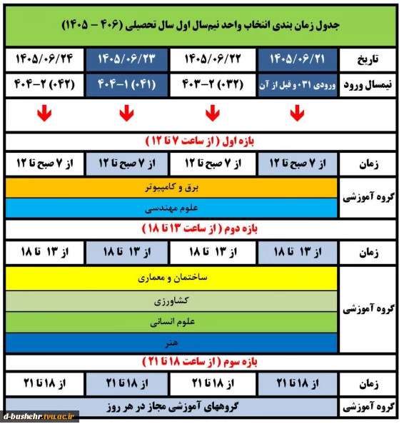 جدول زمانبندی انتخاب واحد نیمسال اول سال تحصیلی ۴۰۶-۱۴۰۵